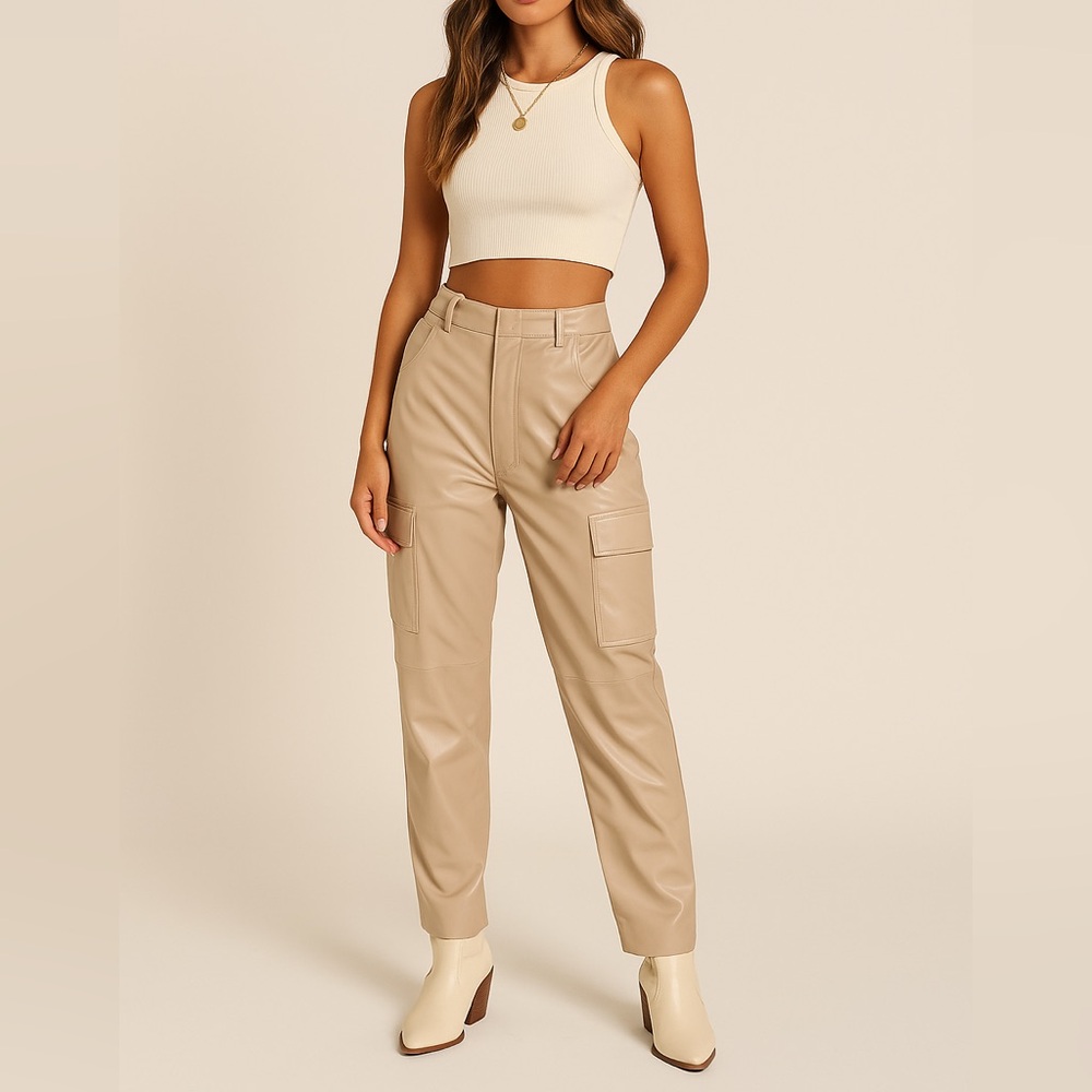 12th Tribe SALTY Faux Leather Cargo Pants Beige Tan Size Small